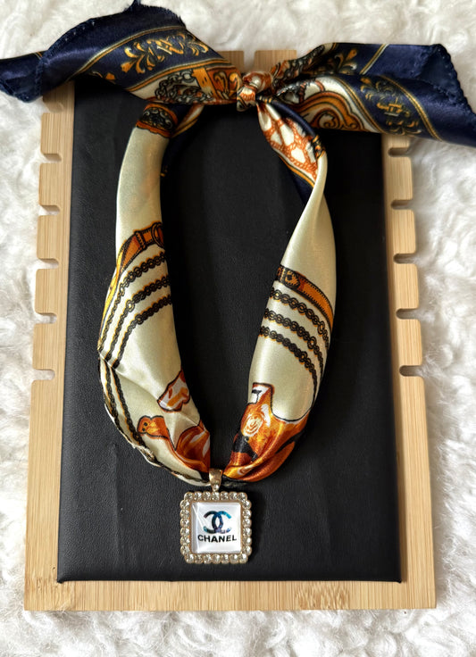 Navy Silk Scarf Necklace with CC Pearl-Trimmed Square Pendant
