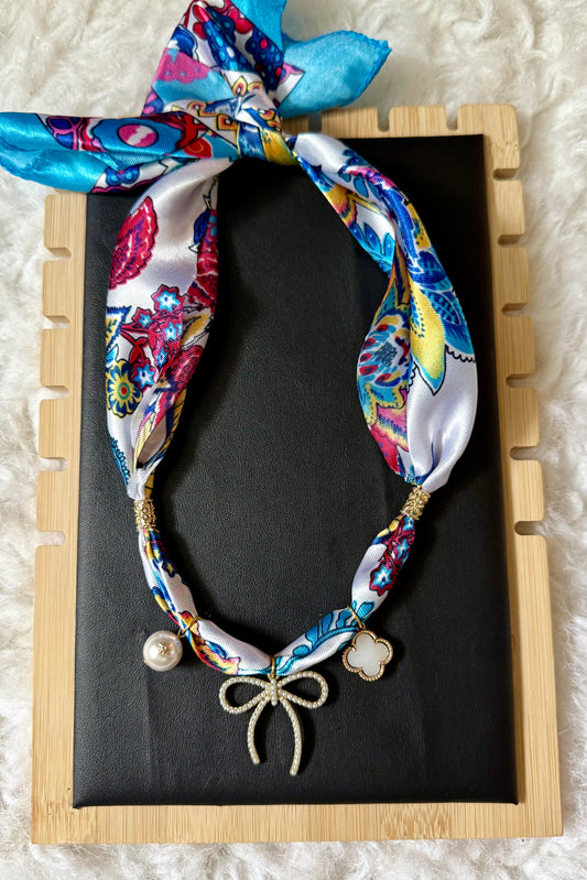 Blue Silk Scarf Necklace with Bow, Pearl & Clover Charms