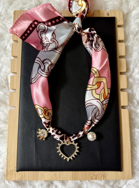 Pink Silk Scarf Necklace with Heart, Pearl & Crystal Charms