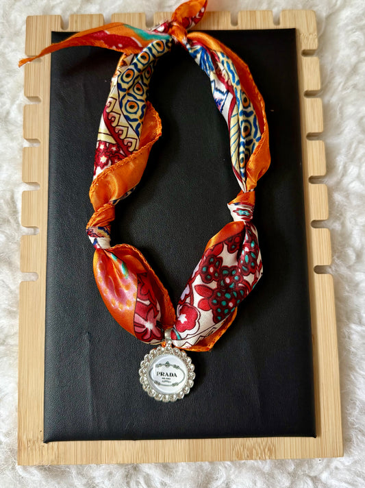 Silk Scarf Necklace with Pearl-Trimmed Pendant Charm