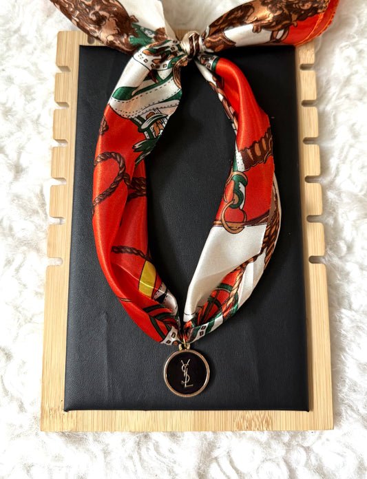 Silk Scarf Necklace with Black & and Gold Pendant Charm