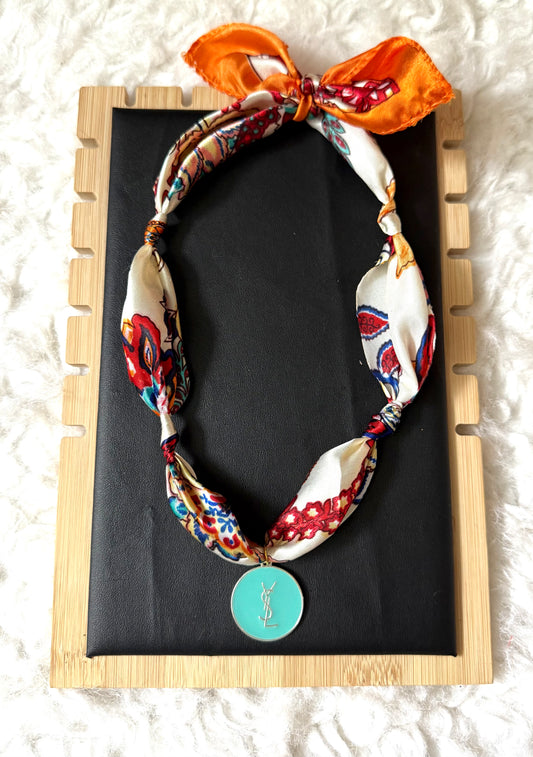 Silk Scarf Necklace with Turquoise Pendant Charm