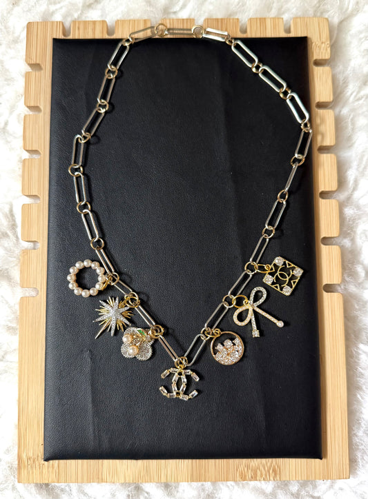 Gold Link CC Boujee Charm Necklace – Pearl, Bow & Sparkle Accents
