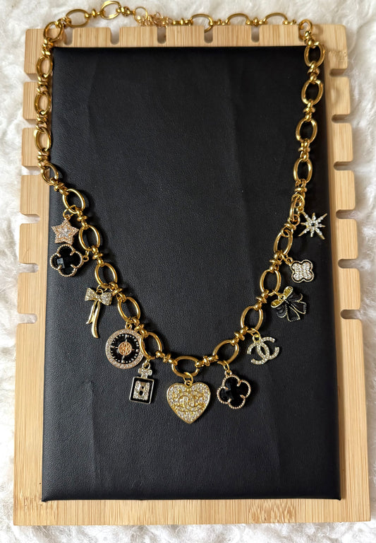 Gold CC Boujee Charm Statement Necklace – Heart, Star, Clover & Bow Accents