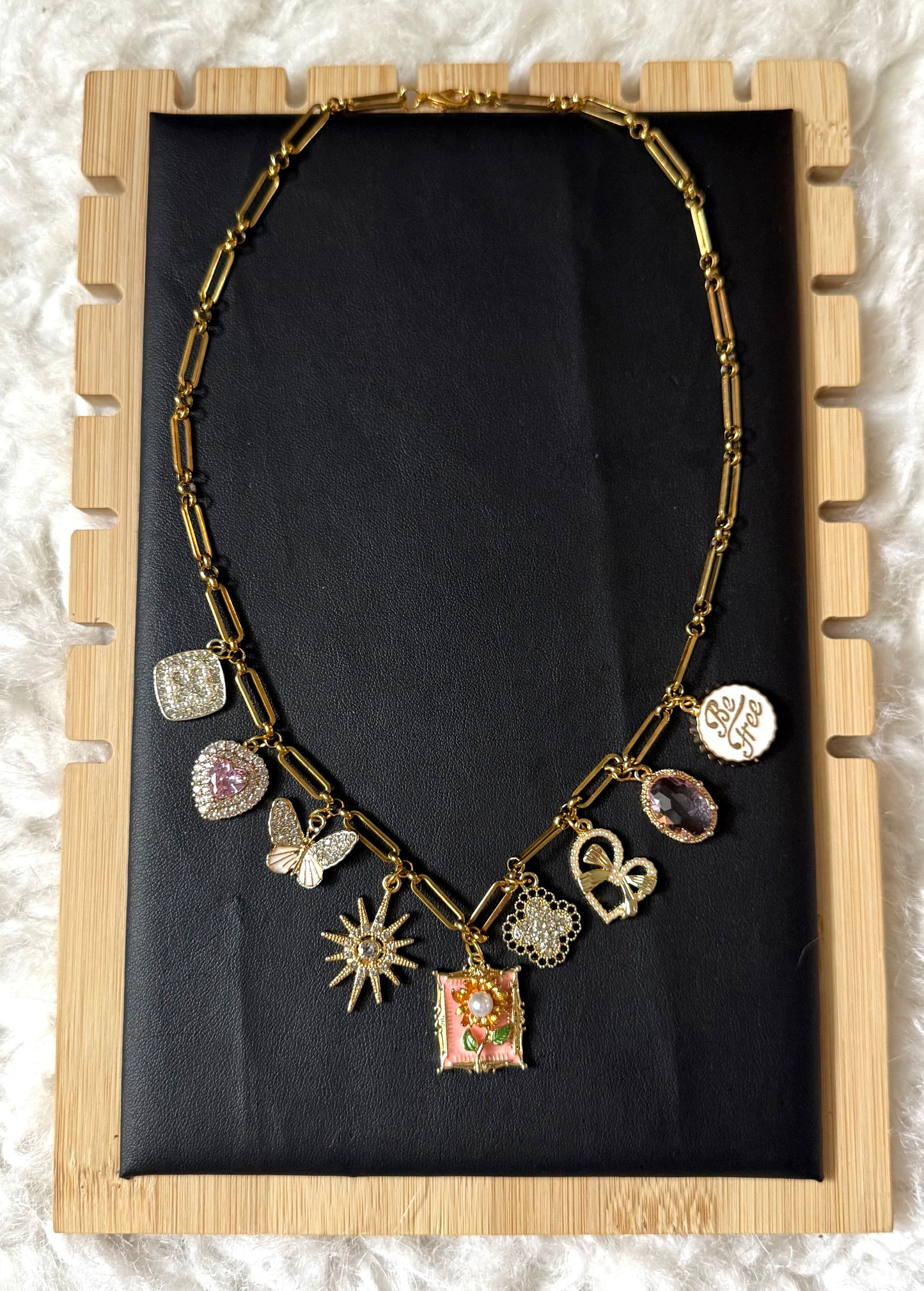 Gold Charm Necklace – Butterfly, Sun, Heart & “Be Free” Pendant