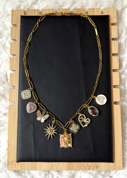 Gold Charm Necklace – Butterfly, Sun, Heart & “Be Free” Pendant