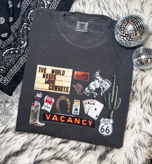 The World Needs More Cowboys Graphic T-Shirt | Western Rodeo & Route 66 Collage Tee