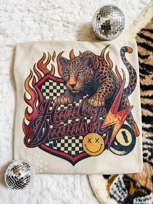 Harley Davidson Leopard Graphic T-Shirt | Flames, Checkered & Retro Biker Tee