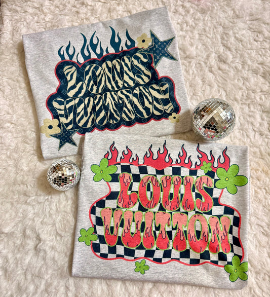 Retro Flames Graphic T-Shirt | Bold Checkerboard & Animal Print Design | Vintage Streetwear Tee