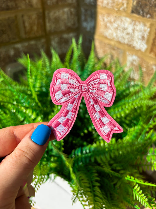 Coquette preppy pink checkered embroidered iron on bow