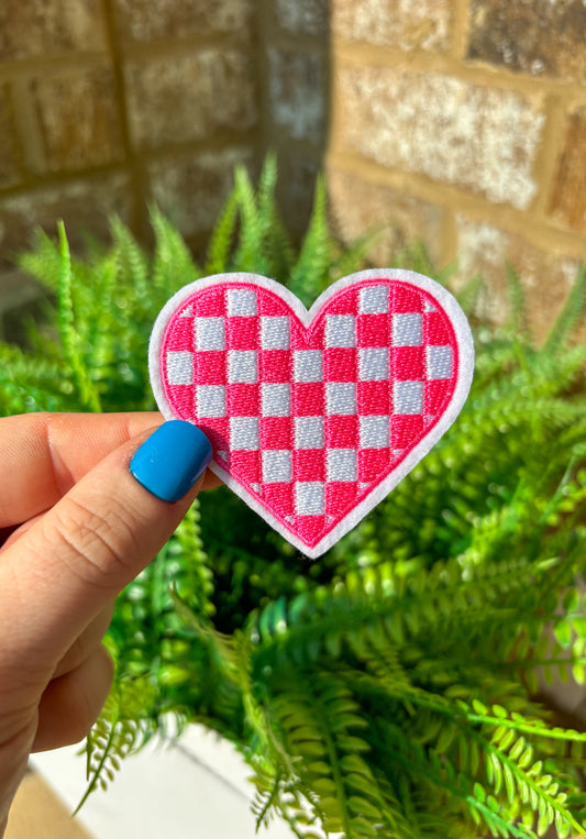 Hot pink checkered heart embroidered iron on patch