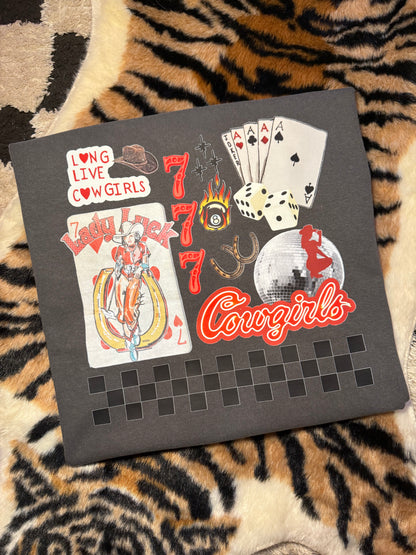 Cowgirl Casino Graphic T-Shirt | Lady Luck, 777 & Playing Cards | Retro Western Vegas Tee