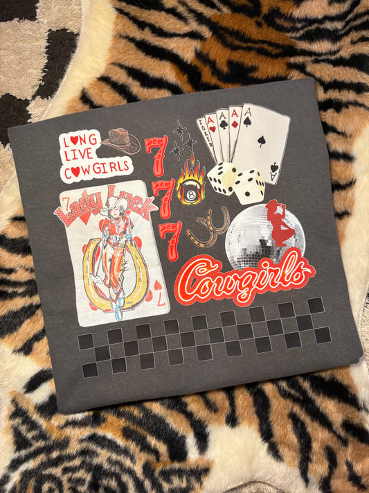 Cowgirl Casino Graphic T-Shirt | Lady Luck, 777 & Playing Cards | Retro Western Vegas Tee