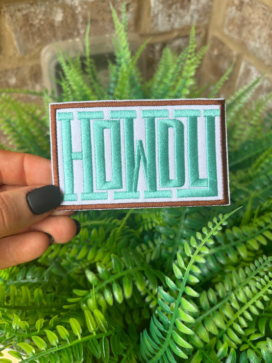 Howdy brown and teal embroidered iron on patch