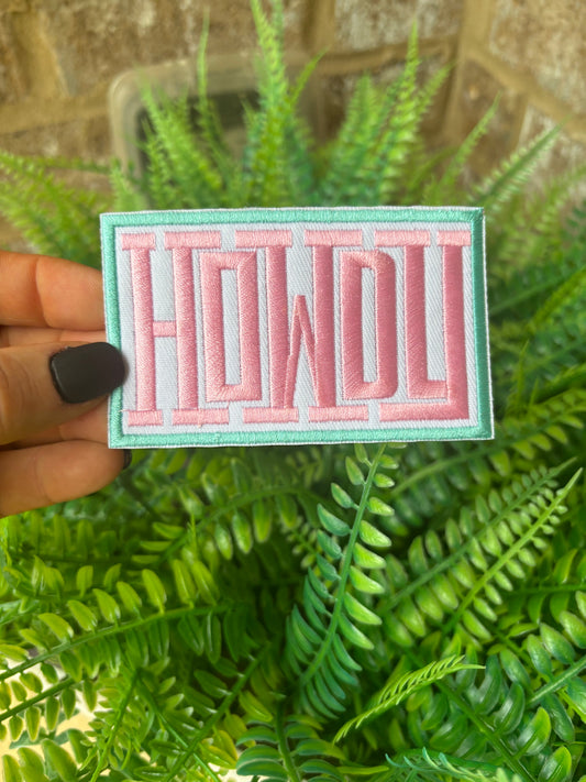 Howdy pink and teal embroidered iron on trucker hat patch