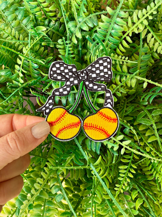 Checkered coquette softball cherries iron on patch