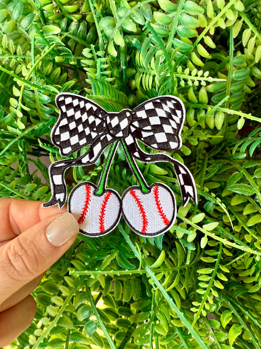 Checkered coquette baseball cherries iron on patch