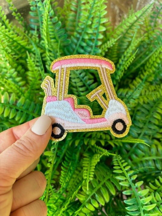 Pink preppy gold cart embroidered iron on trucker hat patch