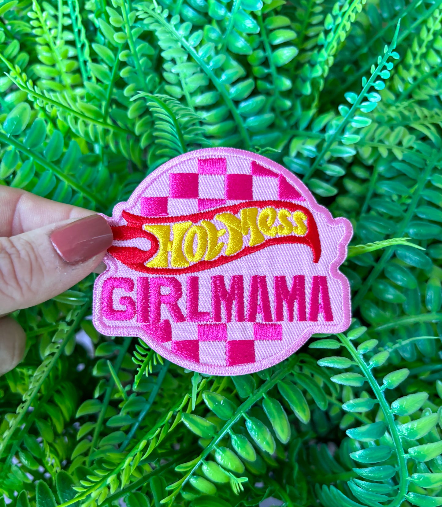 Hot mess girl mama checkered pink embroidered iron on trucker hat patch PREORDER