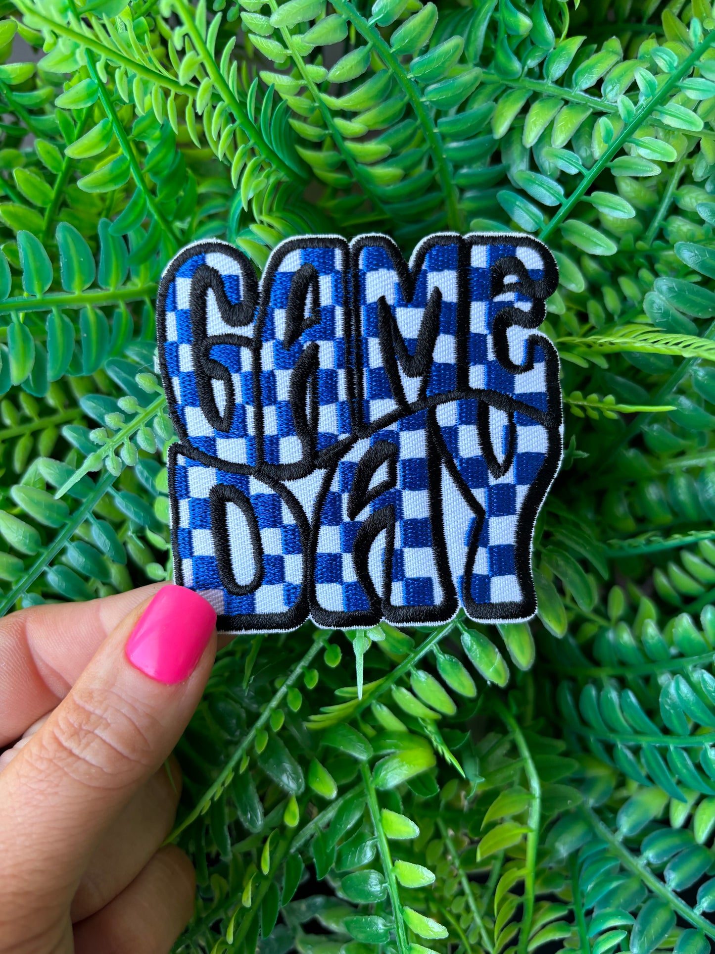 Gameday blue checkered embroidered iron on patch