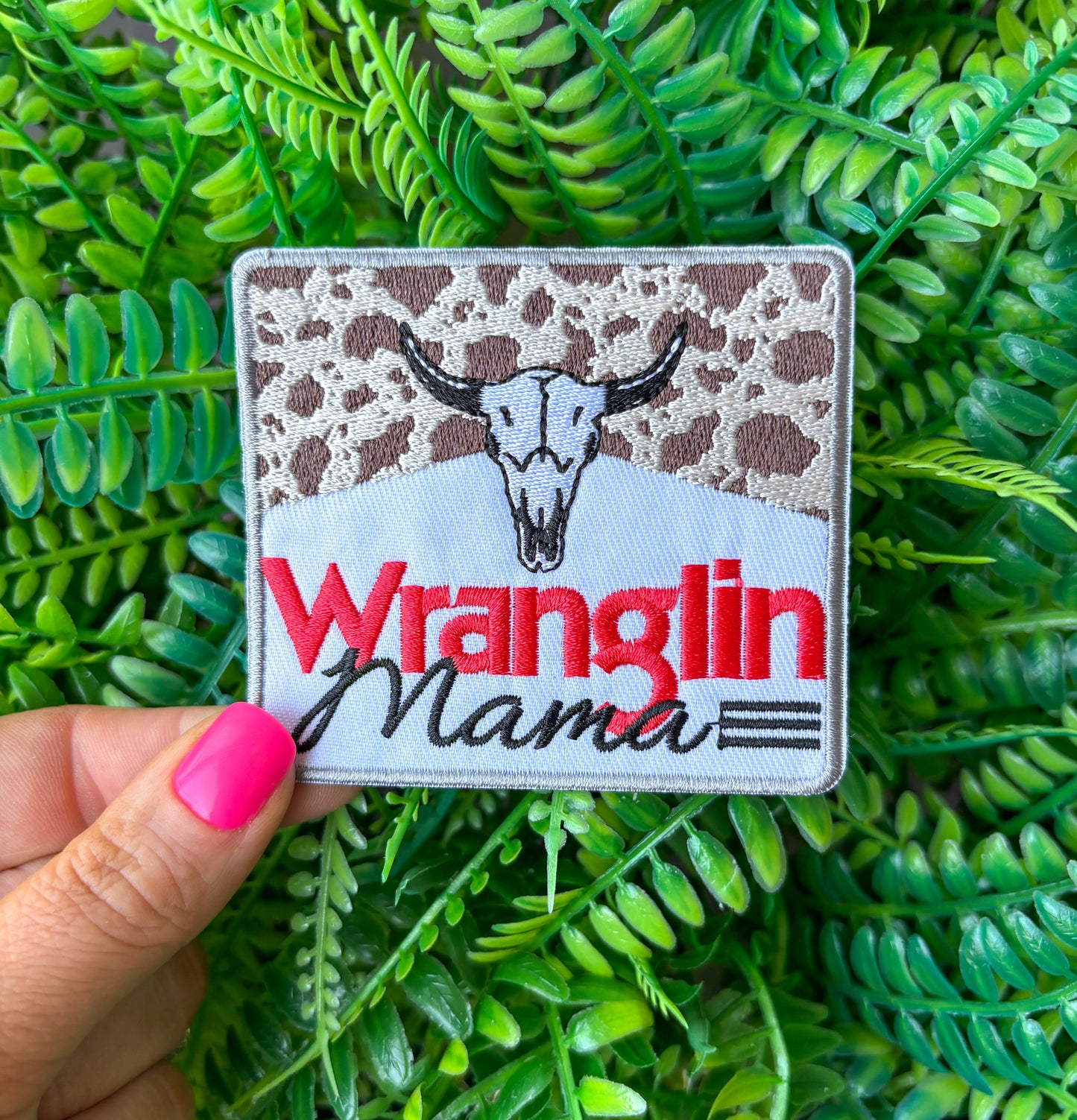 Wranglin mama western cow print western embroidered iron on patch PREORDER