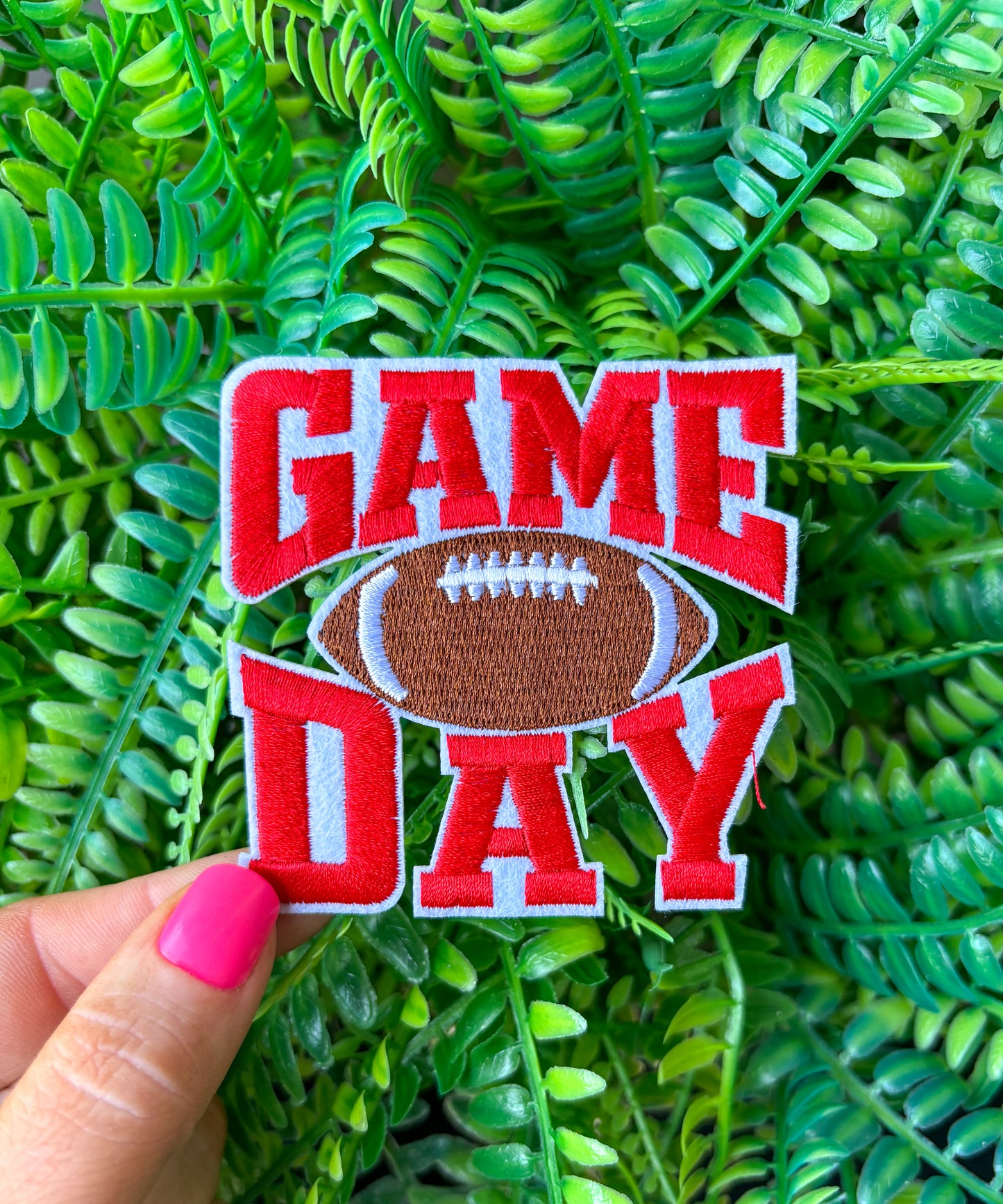 Game day red varsity letter football embroidered iron on patch