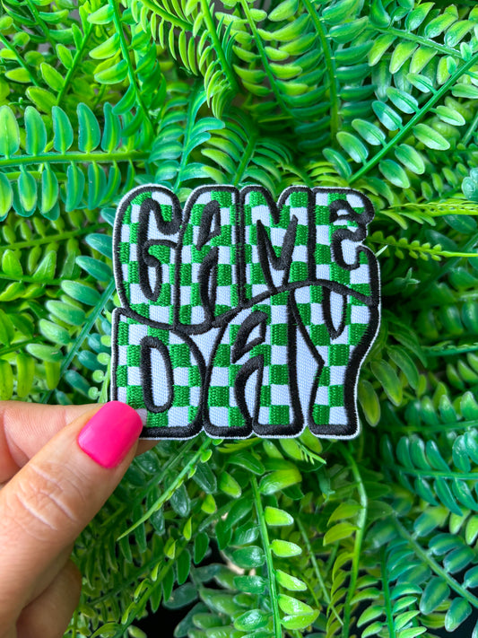 Gameday green checkered embroidered iron on patch