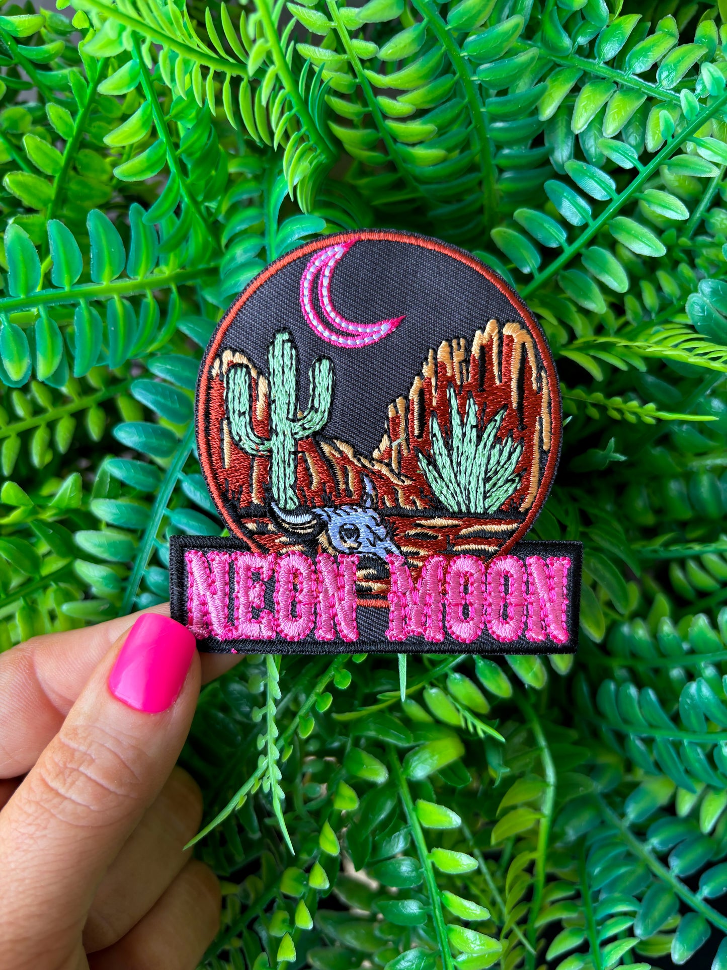 Neon moon western desert embroidered iron on patch