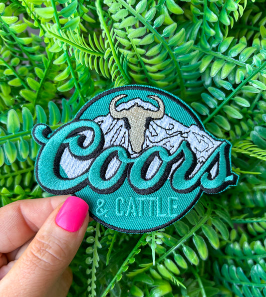 Coors and cattle western beer turquoise embroidered iron on patch