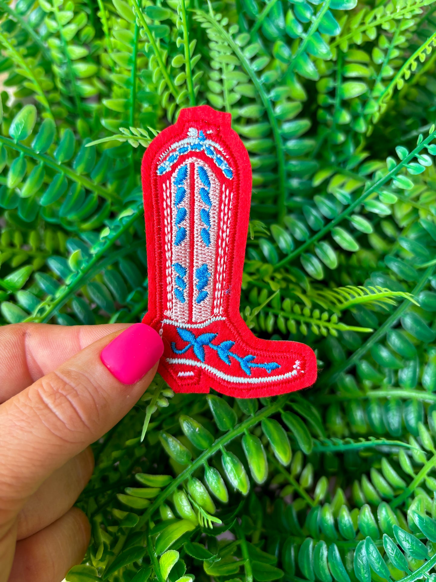 Red and blue western cowgirl boot embroidered iron on patch