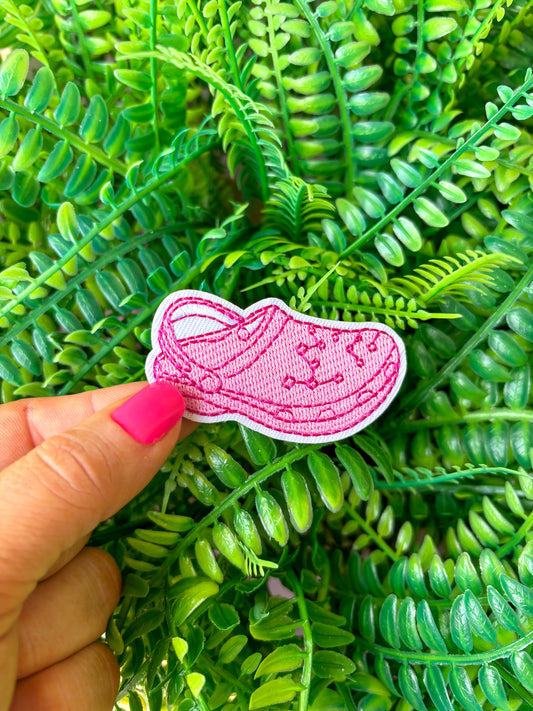 Pink girly croc shoe embroidered iron on patch