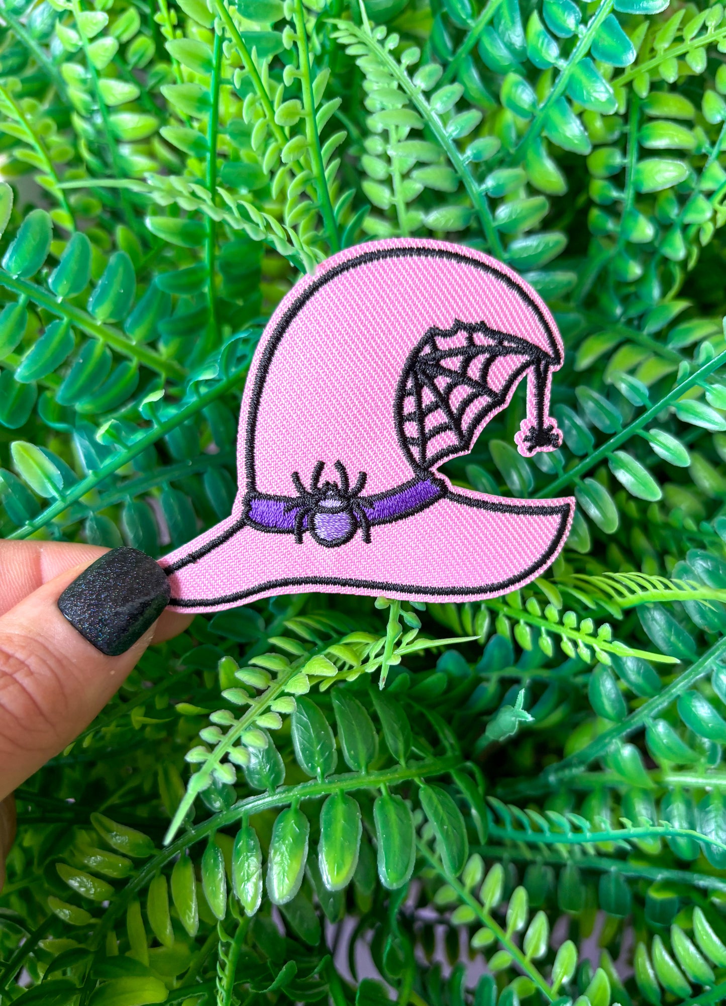 Pink Halloween witch hat embroidered iron on patch