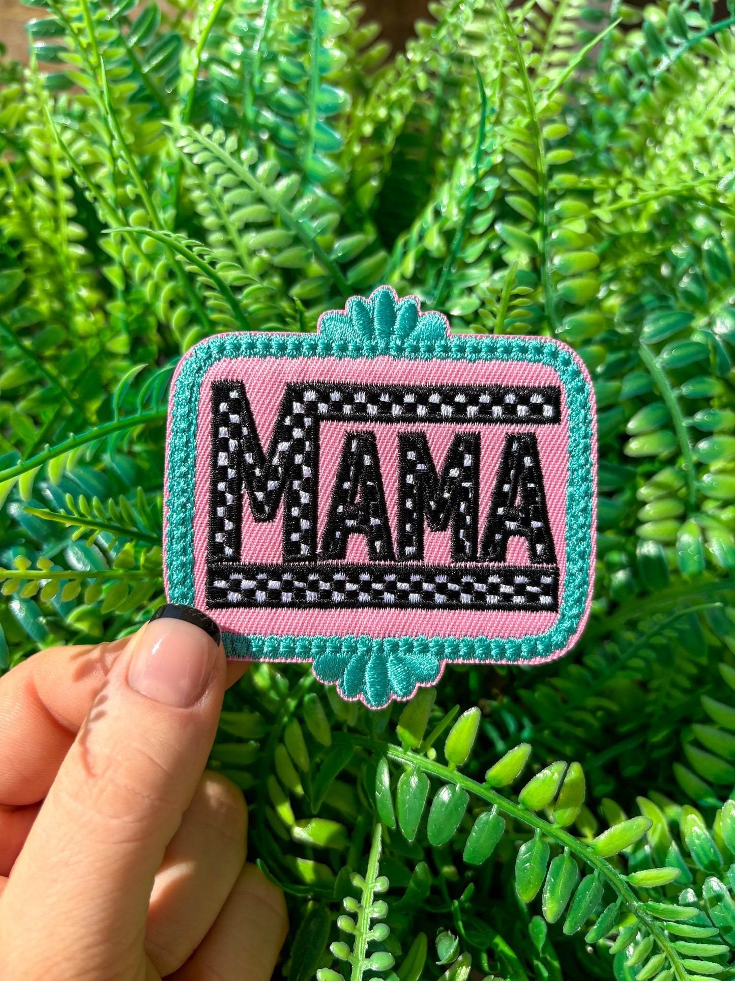 Mama checkered preppy turquoise frame iron on patch