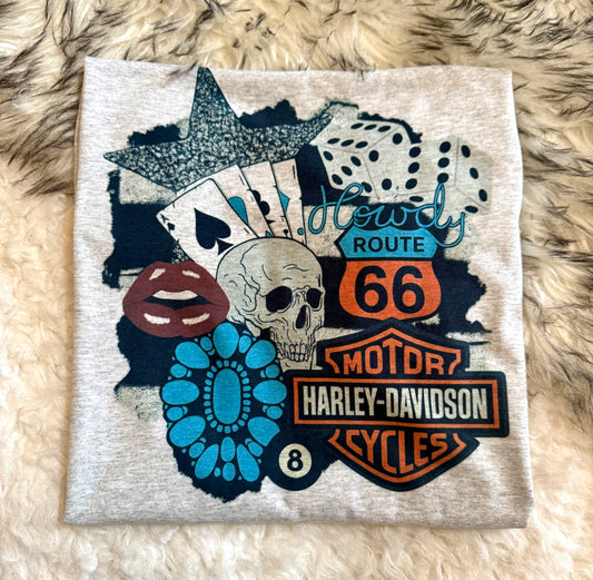 Route 66 Harley Graphic T-Shirt | Skull, Dice & Western Roadtrip Design | Vintage Biker Tee