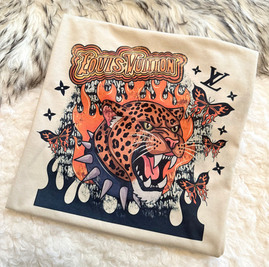 Leopard Flames Graphic T-Shirt | Roaring Big Cat & Gothic Butterfly Design | Retro Streetwear Tee