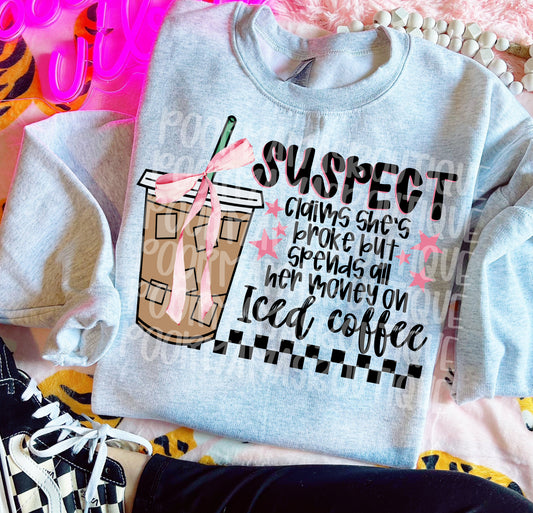 Suspect spends all her money on iced coffee funny trendy digital download png design