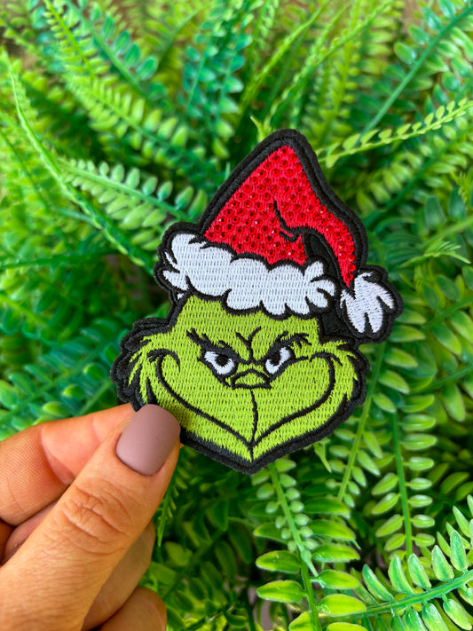 Grinch sequin bling Christmas iron on trucker hat patch