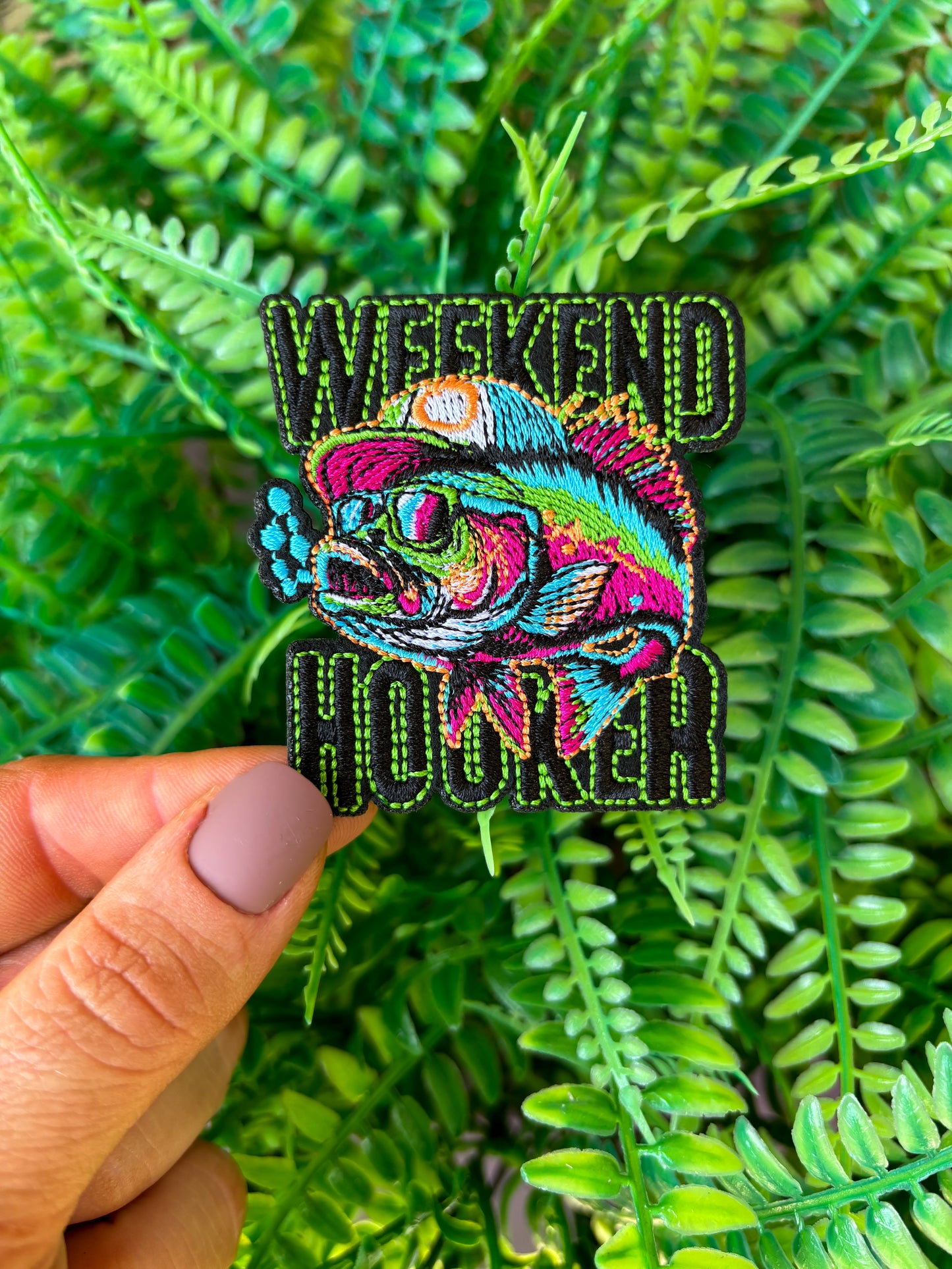 Weekend hooker fishing iron on trucker hat patch