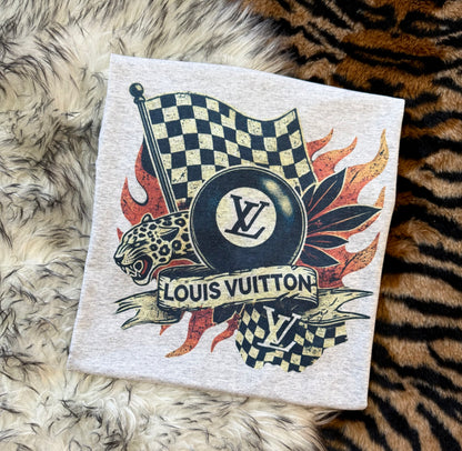 Vintage Racing Graphic T-Shirt | Checkered Flag, Jaguar & 8-Ball Design | Retro Streetwear Tee