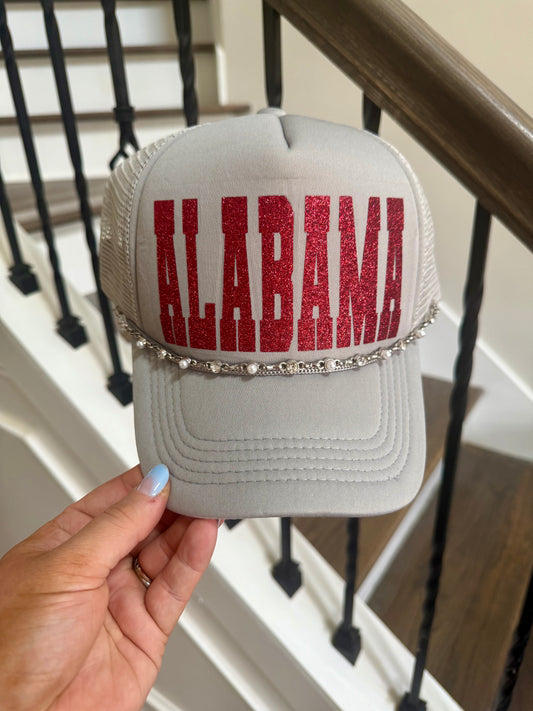 Alabama Trucker Hat – Red Glitter Letters with Pearl & Chain Accent