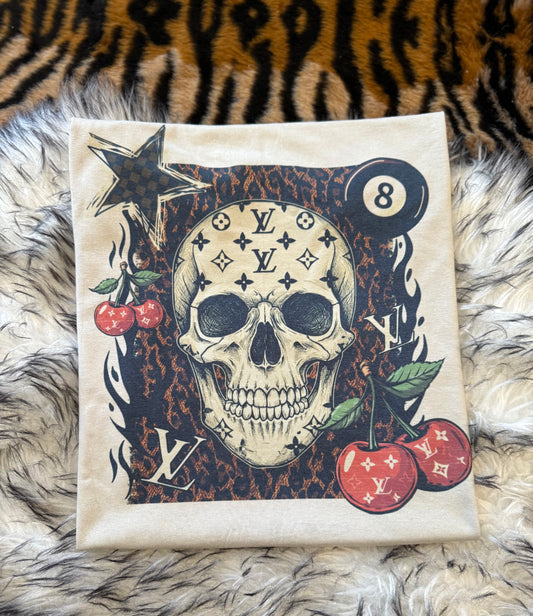 Edgy Skull Graphic T-Shirt | Rockabilly Cherry & 8-Ball Design | Retro Tattoo Style Tee