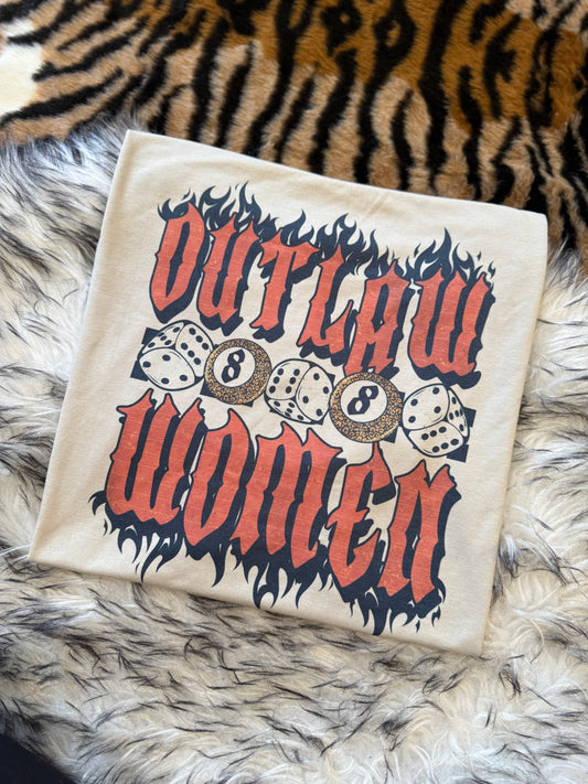 Outlaw Women Graphic T-Shirt | Flames, Dice & 8-Ball Design | Retro Biker Western Tee