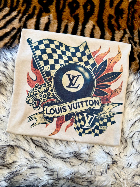 Vintage Racing Graphic T-Shirt | Checkered Flag, Jaguar & 8-Ball Design | Retro Streetwear Tee