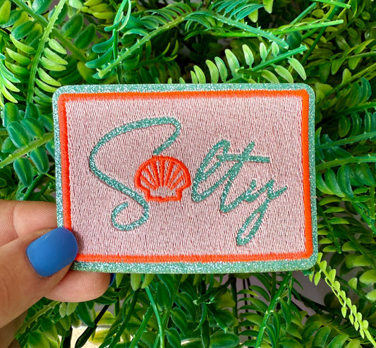 Salty coral and teal glitter summer iron on patch