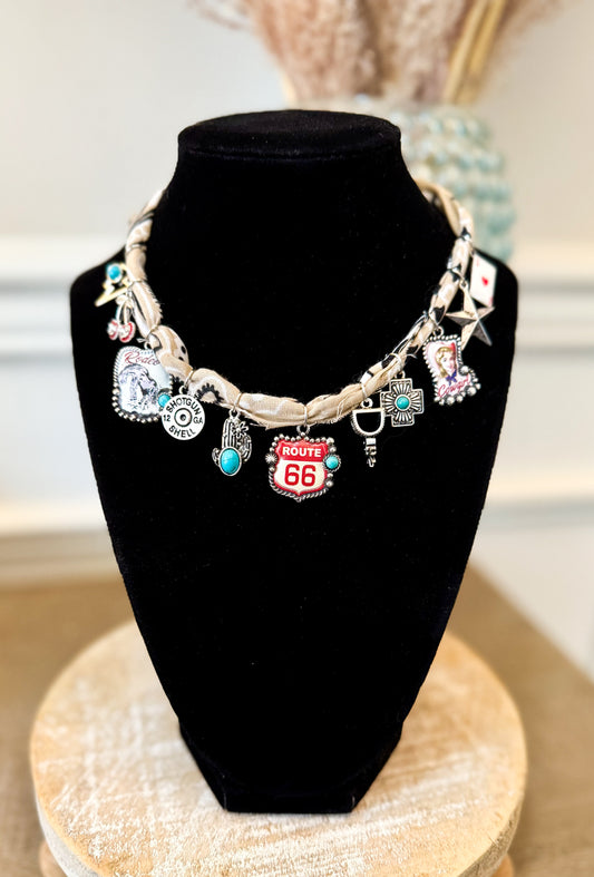 Tan bandanna custom made Route 66 western charm necklace