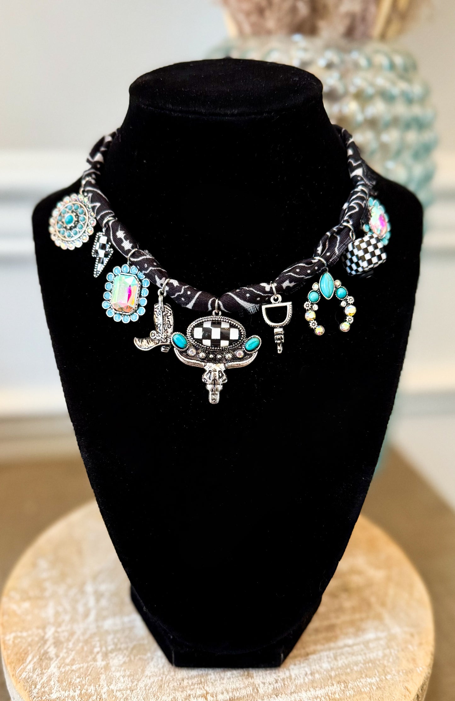 Black custom bandana western checkered charm necklace