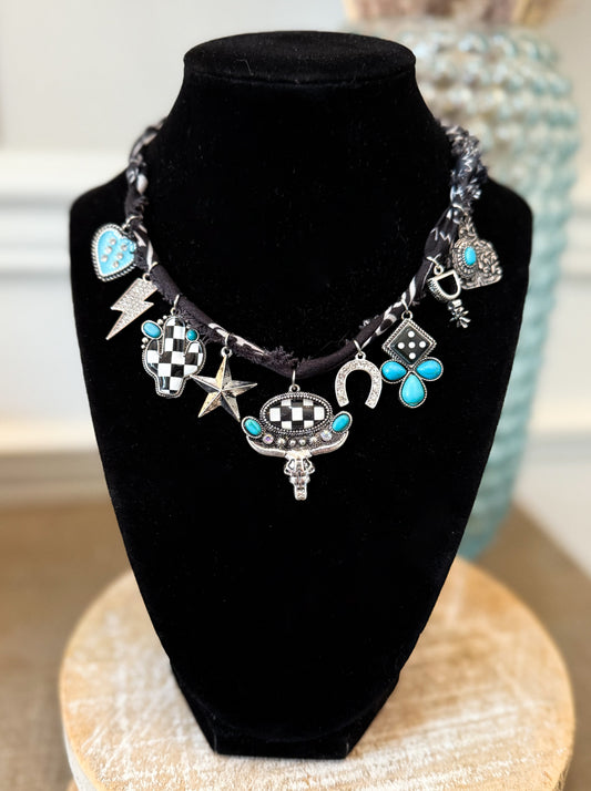 Black custom bandana western checkered charm necklace