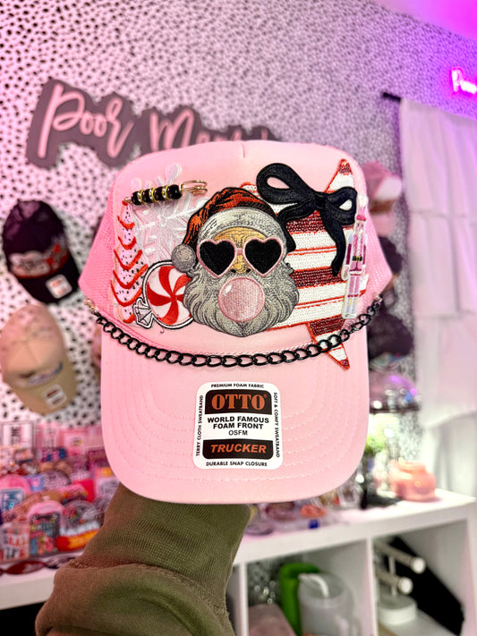 Bubblegum preppy Santa holiday trucker hat