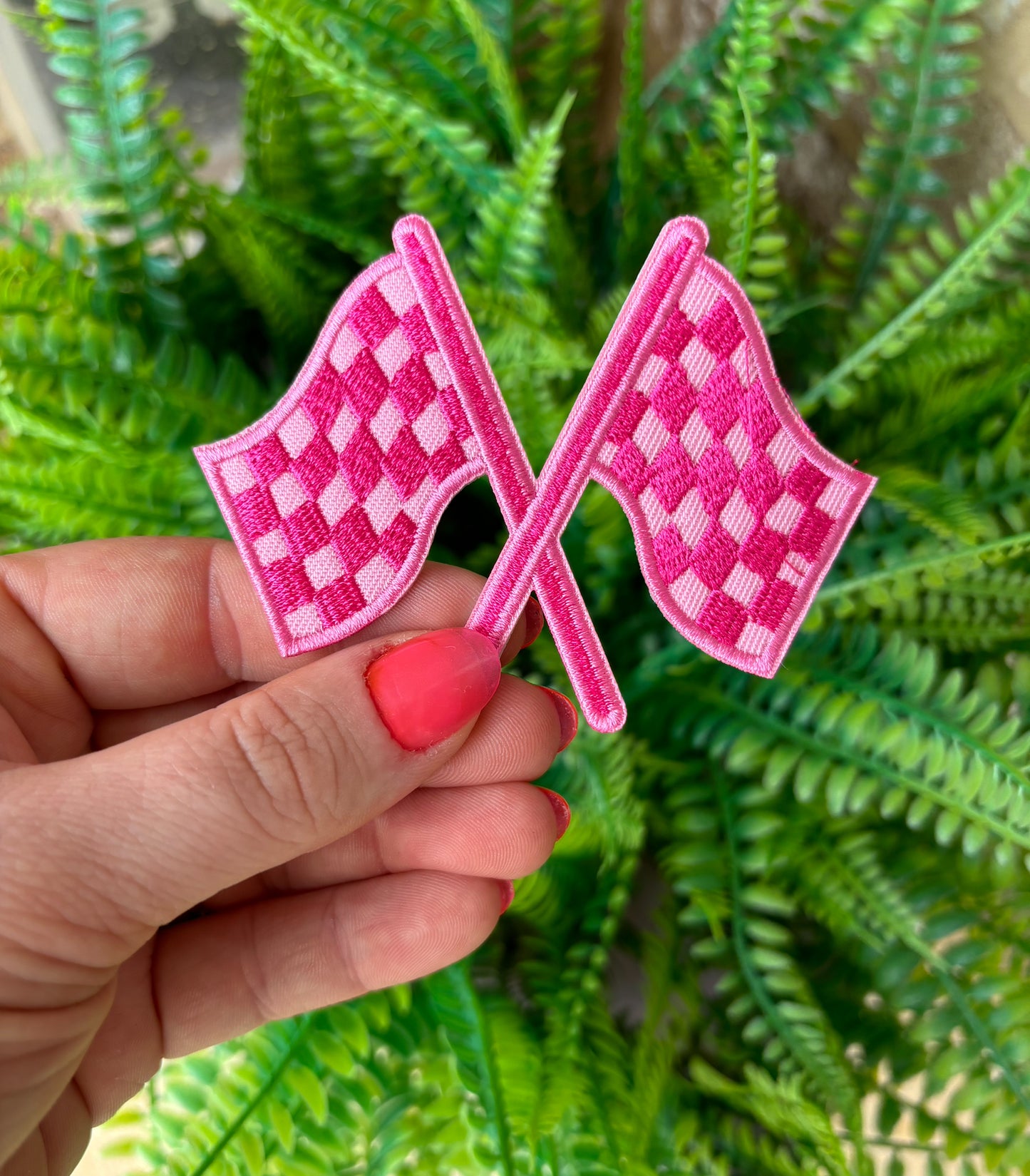 Pink Checkered racing flags iron on trucker hat patch