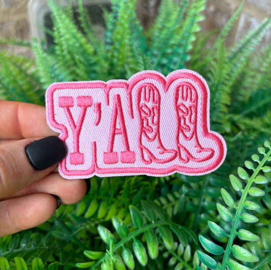 Y’all pink western cowgirl boot iron on trucker hat patch